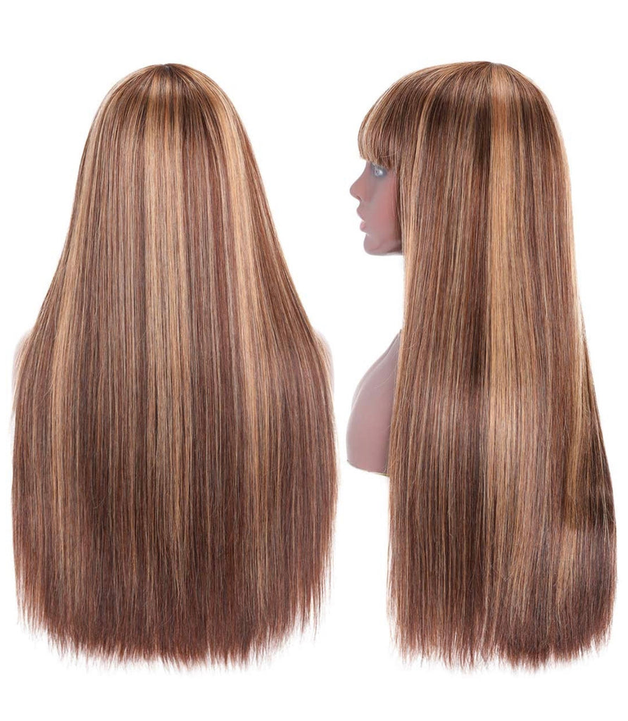 Long Human Hair Wig Straight Bangs Blonde Mix - Meg
