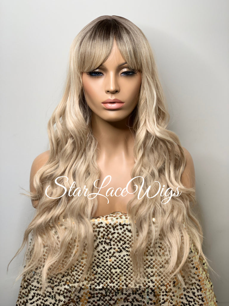 Long Full Wig Synthetic Wavy Blonde Dark Roots Middle Part Bangs - Millie