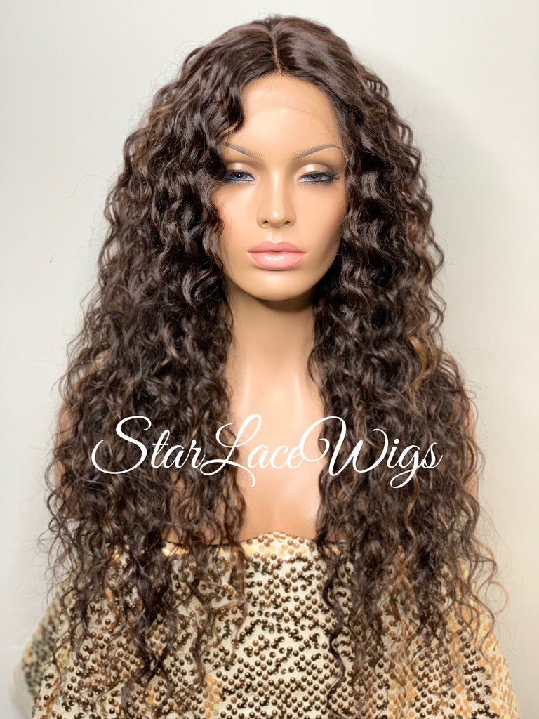 Lace Front Wig Long Wavy Curly Middle Part Brown #30 Highlights - Denise