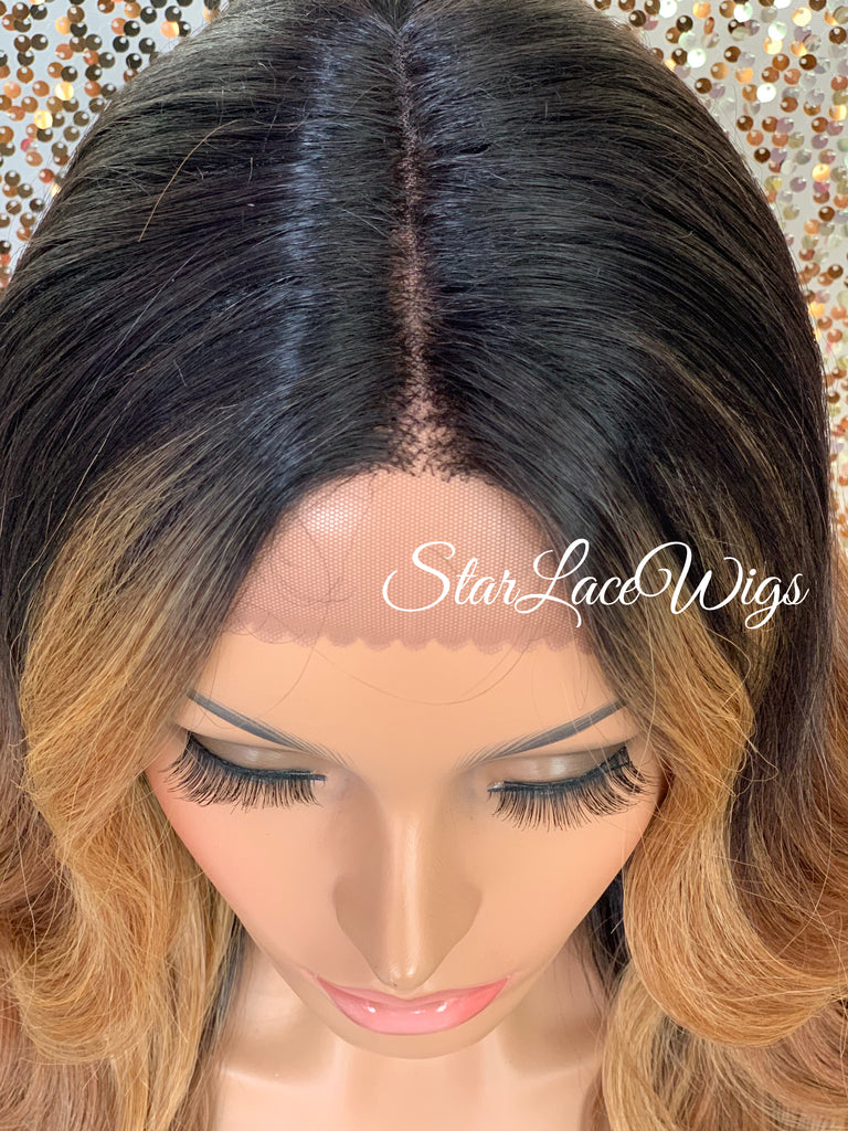 Lace Front Wig Long Synthetic Loose Waves 27/30 Dark Roots Middle Part - Irene
