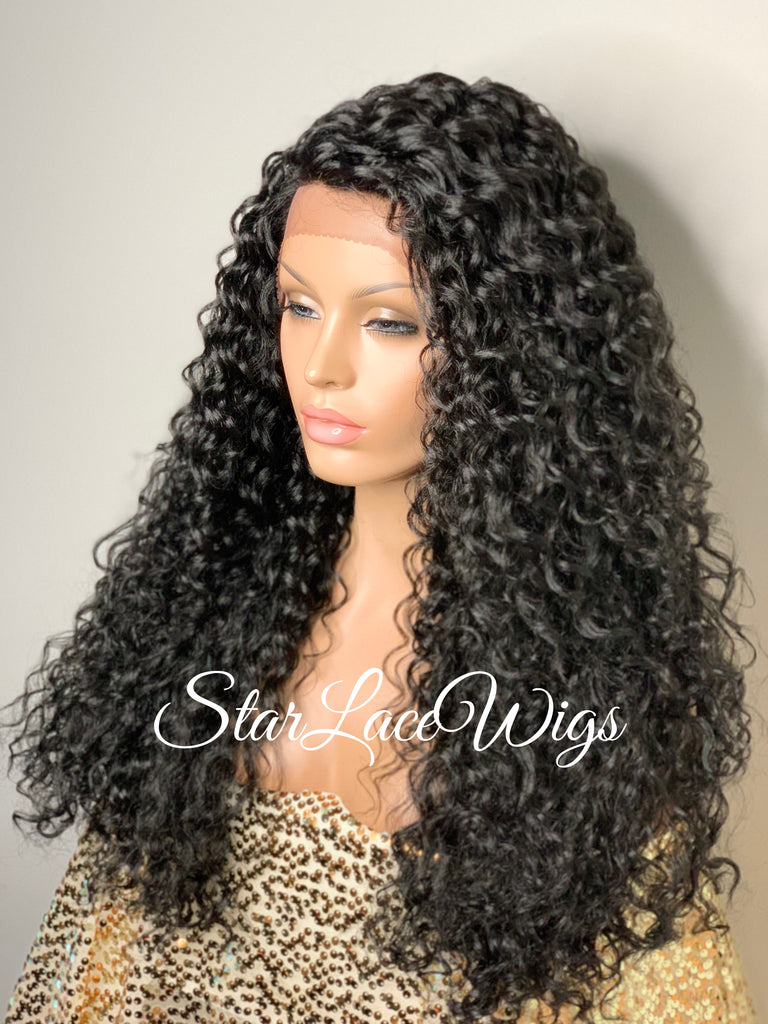 Synthetic Lace Front Wig Black Long Curly Layers Side Part - Madelyn
