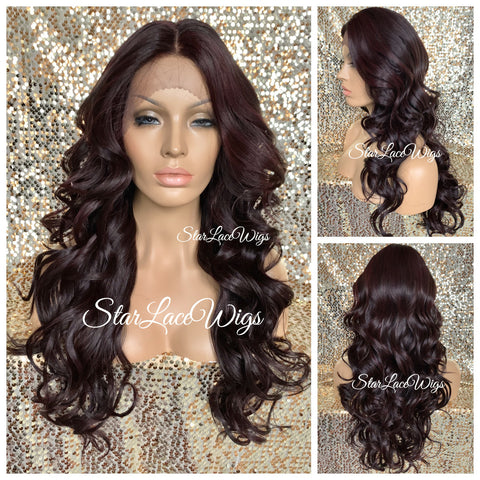 Lace Front Wig Synthetic Wavy Black Brown Middle Part - Aubrey
