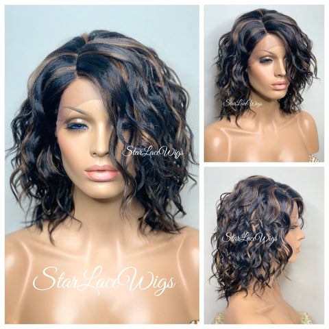 Long Blonde Lace Front Wig Bangs Wavy Synthetic Dark Roots Layers Side Part - Raquel