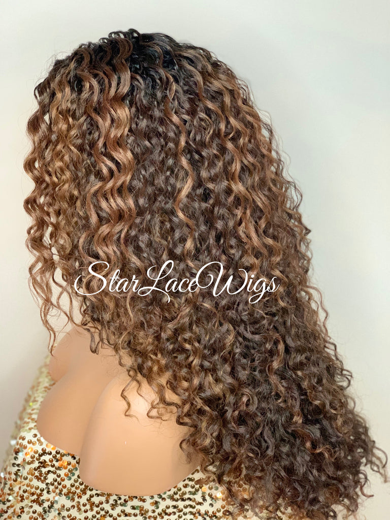 Synthetic Lace Front Wig Brown Highlights Dark Roots Long Curly - Farrah