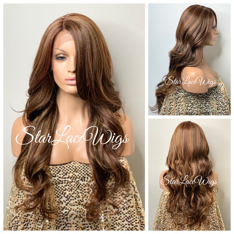 Long Golden Blonde Wavy Synthetic Lace Front Wig Dark Roots - Lucy