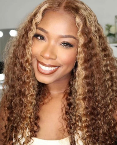 Lace Front Wig Curly Brown #4 & #27 Mix Middle Part - Abigail