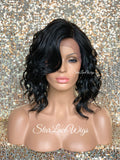 Lace Front Wig Asymmetrical Angled Bob Wavy Black Bangs - Trudy