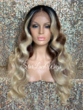 Long Blonde Brown Dark Roots Wavy Lace Front Wig (6x13) Parting Space - Emerald