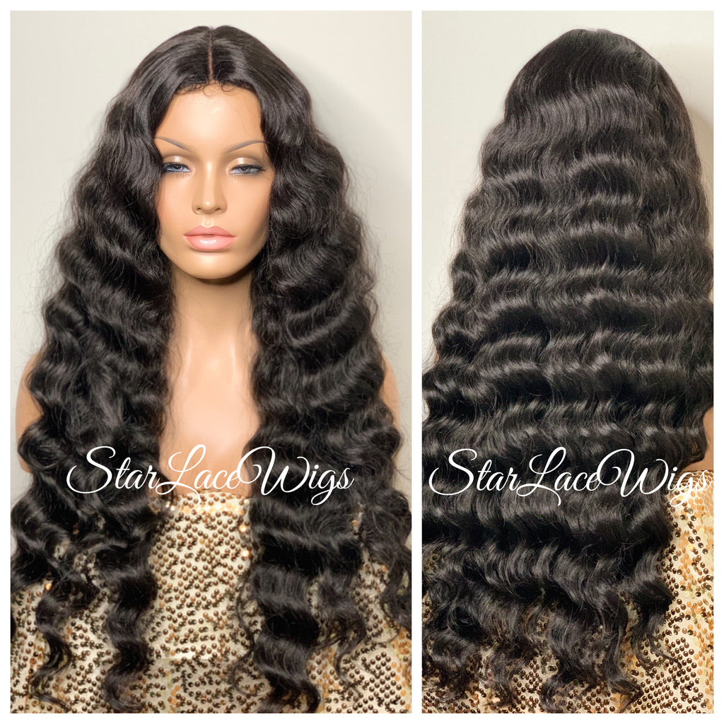 Long Body Wave Wig Black Brown Middle Part Synthetic - Susan