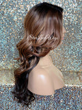Long Wavy Brown Auburn Ombre Synthetic Lace Front Wig Bangs Dark Roots - Serena