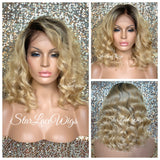 Short Wavy Blonde Lace Front Bob Wig Dark Roots (6x13) Parting Space - Serenity