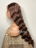 Long Crimped Wavy Human Hair Blend Lace Front Wig Brown - Bryn