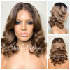 Short Wavy Ash Brown Lace Front Bob Wig Highlights (6x13) Parting Space - Joey