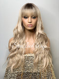 Long Full Wig Synthetic Wavy Blonde Dark Roots Middle Part Bangs - Millie
