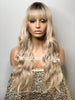 Long Full Wig Synthetic Wavy Blonde Dark Roots Middle Part Bangs - Millie