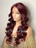 Lace Front Wig Long Synthetic Curly Layers Burgundy Middle Part - Candy