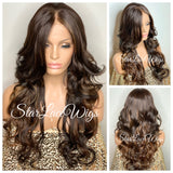 Long Curly Lace Front Wig (6x13) Parting Space Brown Auburn Highlights - Charly