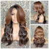 Long Wavy Brown Auburn Ombre Synthetic Lace Front Wig Bangs Dark Roots - Serena