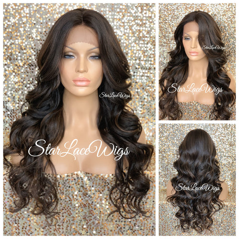 Full Wig Brown #4 with #30 Highlights Curly Bangs Layers - Ira