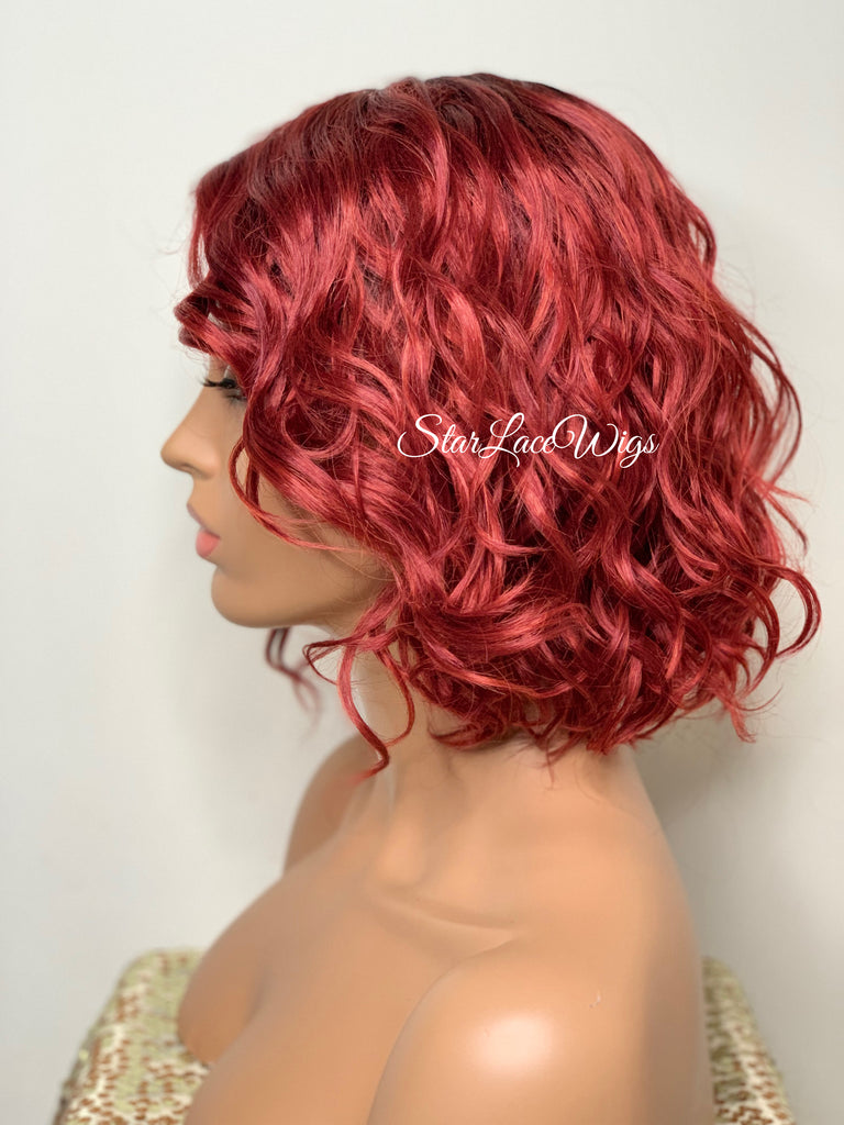 Lace Front Wig Human Hair Blend Red Wavy Bob - Julie
