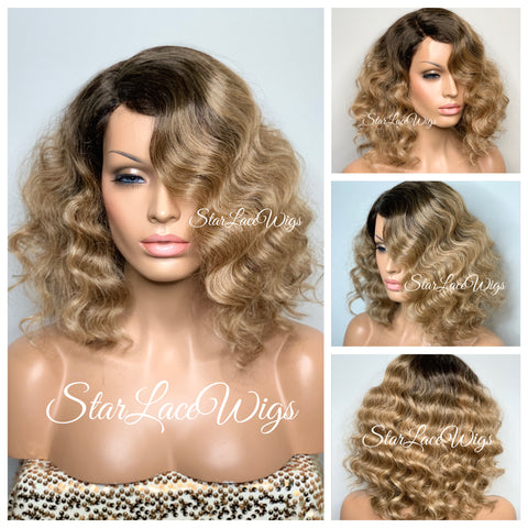 Long Full Wig Synthetic Wavy Ombre Ash Blonde Dark Roots Middle Part - Patricia
